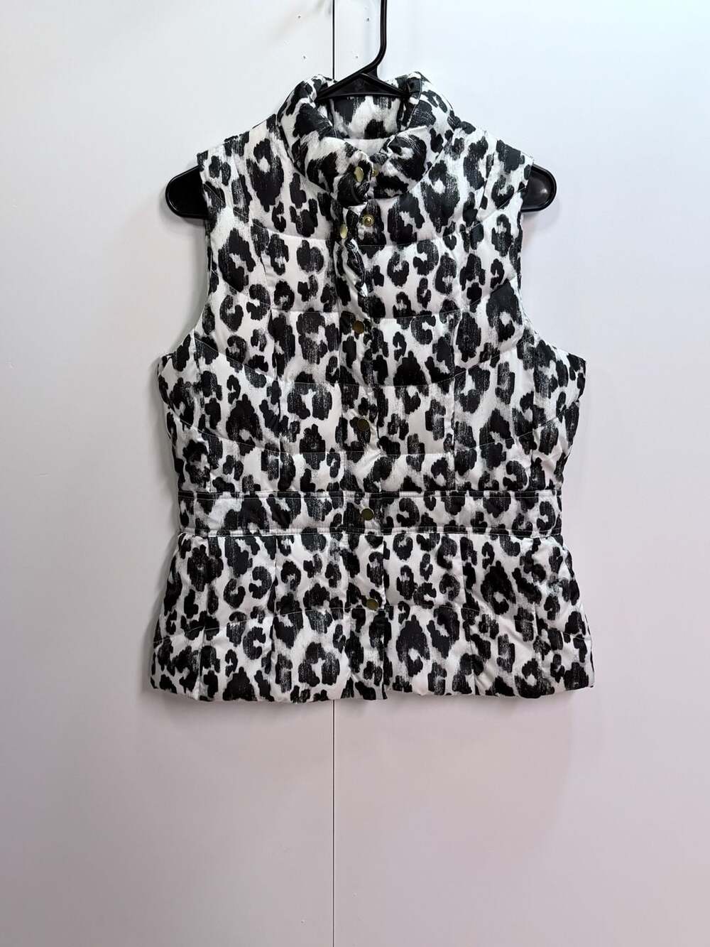 Madison Quilted Puffer Vest Black White Animal Print Size M